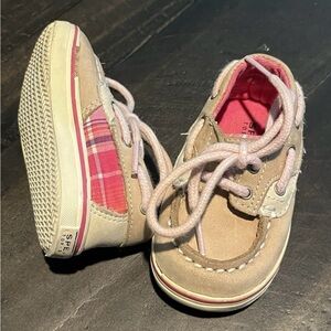 Sperry Tan and Pink Baby Boat Shoes with Plaid Lining